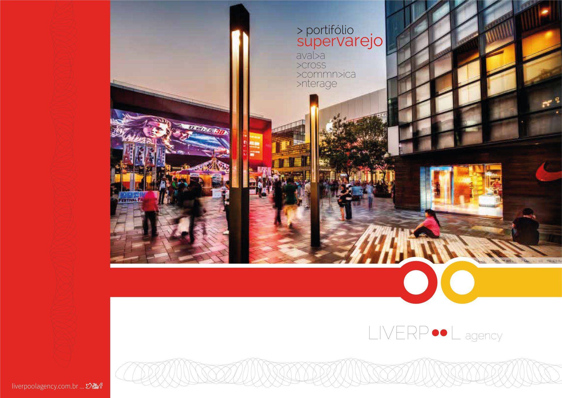 Um folheto vermelho e amarelo com a imagem de uma rua da cidade com uma loja da Nike ao fundo.