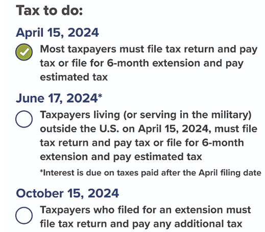 A screenshot of the due dates for 2023 tax returns.