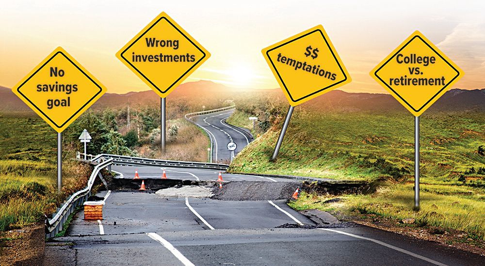 A road with signs on it that say wrong investments no savings goal college vs retirement