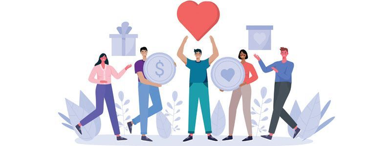 People holding coins, gift boxes, and a heart, promoting charity or support.
