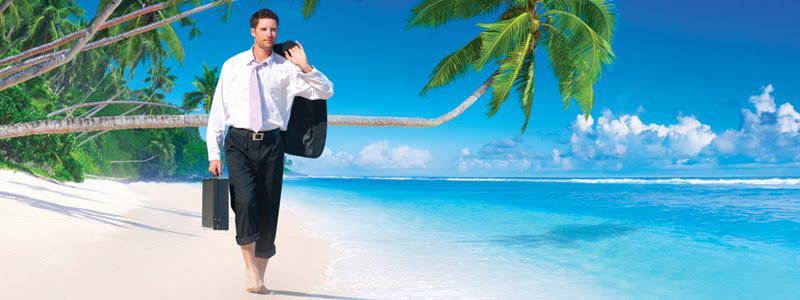 a man is walking on the beach with a briefcase with stats about time off.