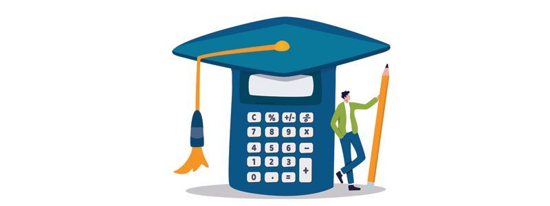 A calculator with a graduation cap. A person leans against a pencil.