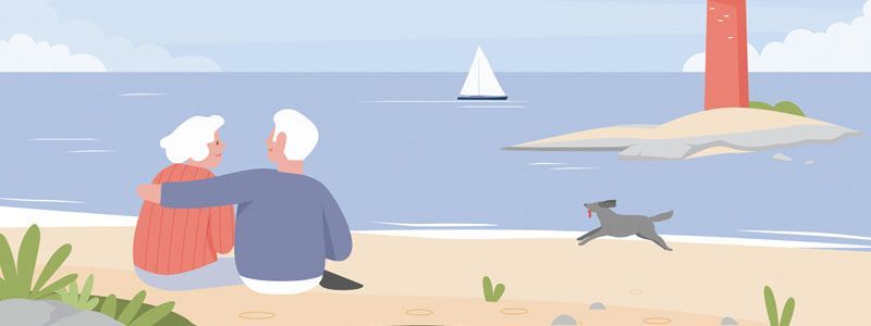 An elderly couple and a dog are sitting on the beach looking at the ocean.