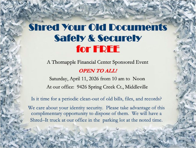 Flyer for free document shredding event at Thornapple Financial Center on April 11, 2026.