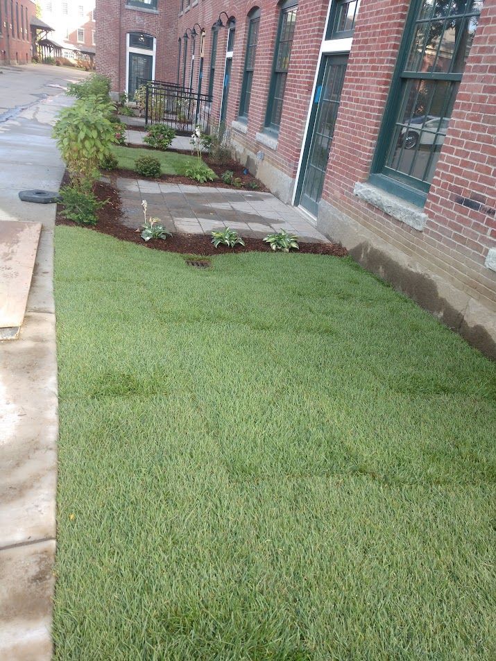 A brick building with a lush green lawn in front of it.
