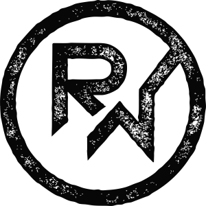 Circular logo with grunge texture. Contains stylized letters