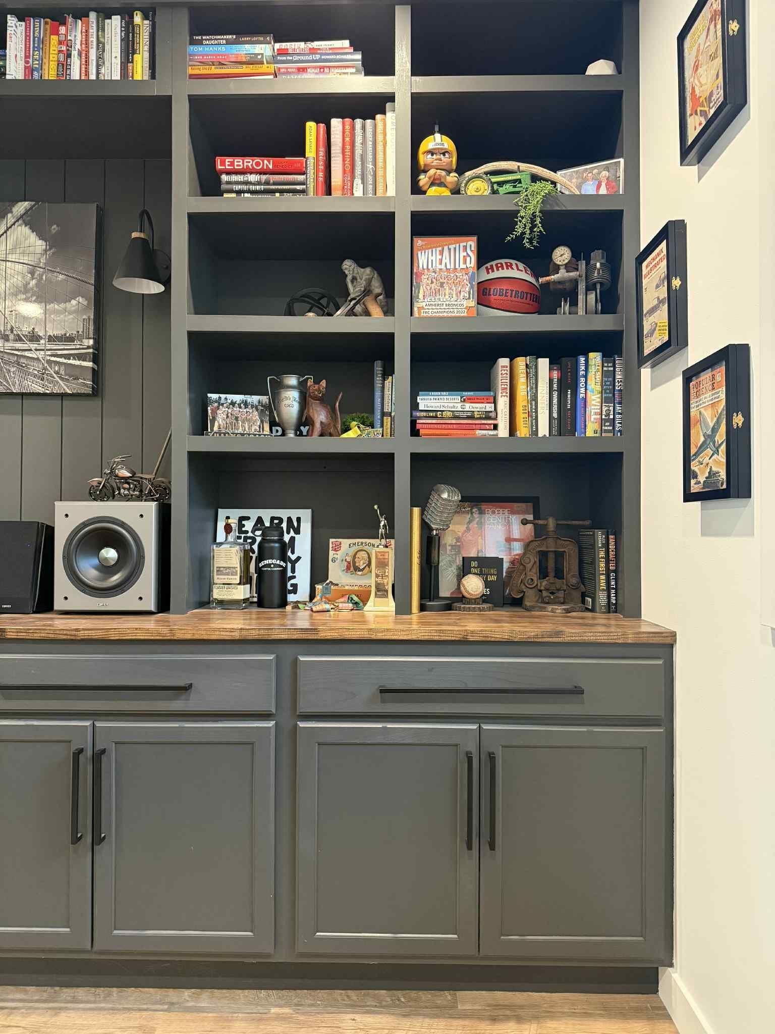 Gray built-in shelving unit filled with books and collectibles, with cabinets below. Artwork hangs on the wall.