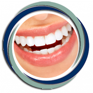 Smiling mouth with bright white teeth, inside a blue and green circular frame.
