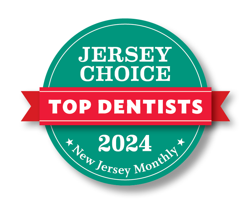 Jersey Choice Top Dentists 2024 badge, green circle, red banner, white text, 