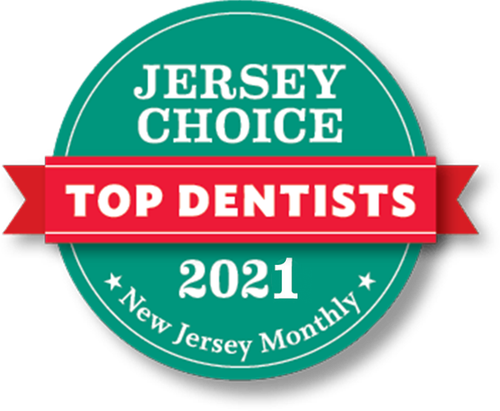 Jersey Choice Top Dentists 2021 badge from New Jersey Monthly: Green and red circular seal with text.