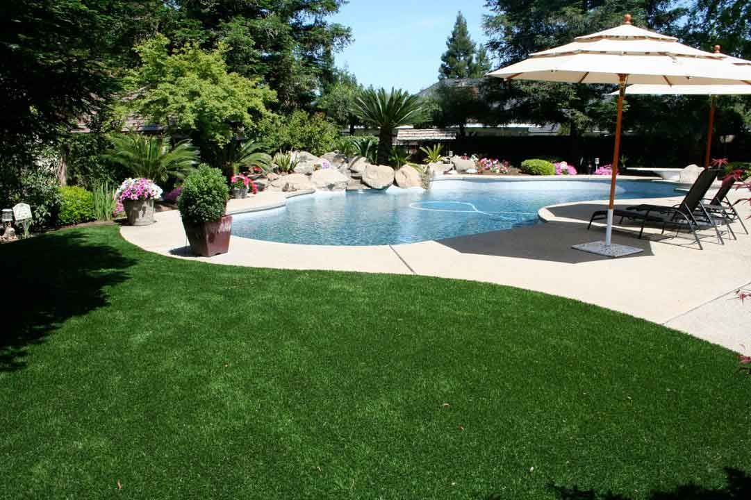 Lush green lawn curves toward a pool, edged by concrete. A large parasol shades two lounge chairs.