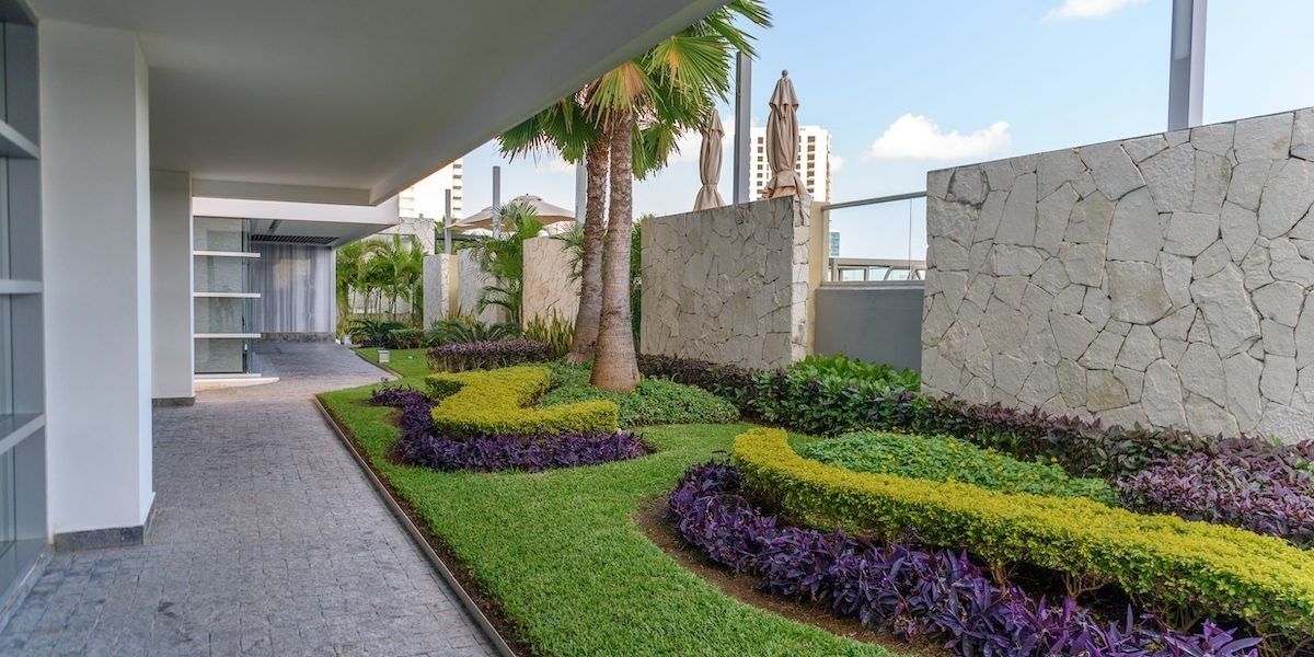 A landscaped walkway with green and purple plants, a stone wall, and a view of the sky. A landscaped walkway with green and purple plants, a stone wall, and a view of the sky.