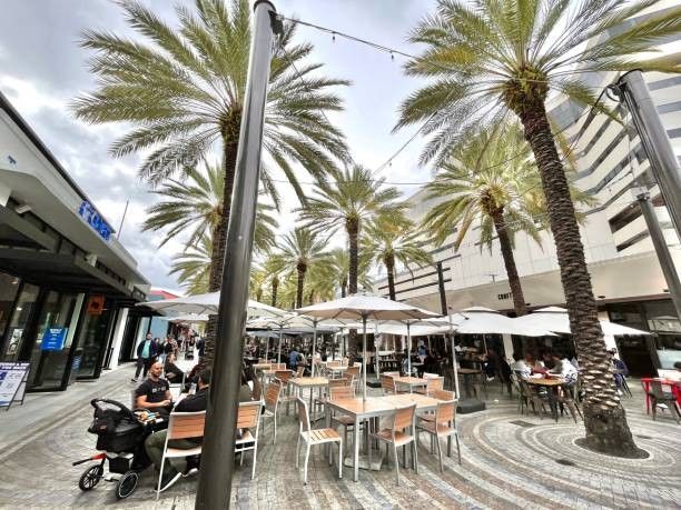 Outdoor dining area with tables, umbrellas, palm trees, and people.