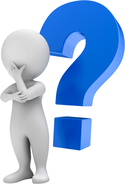 White figure pondering next to a large blue question mark. White figure pondering next to a large blue question mark.