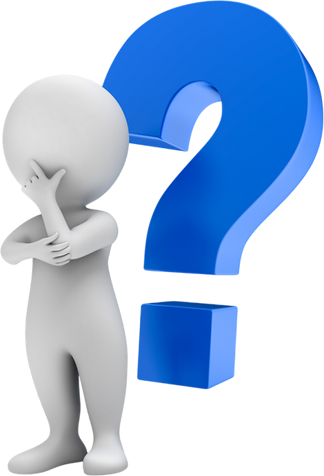 White figure pondering next to a large blue question mark. White figure pondering next to a large blue question mark.