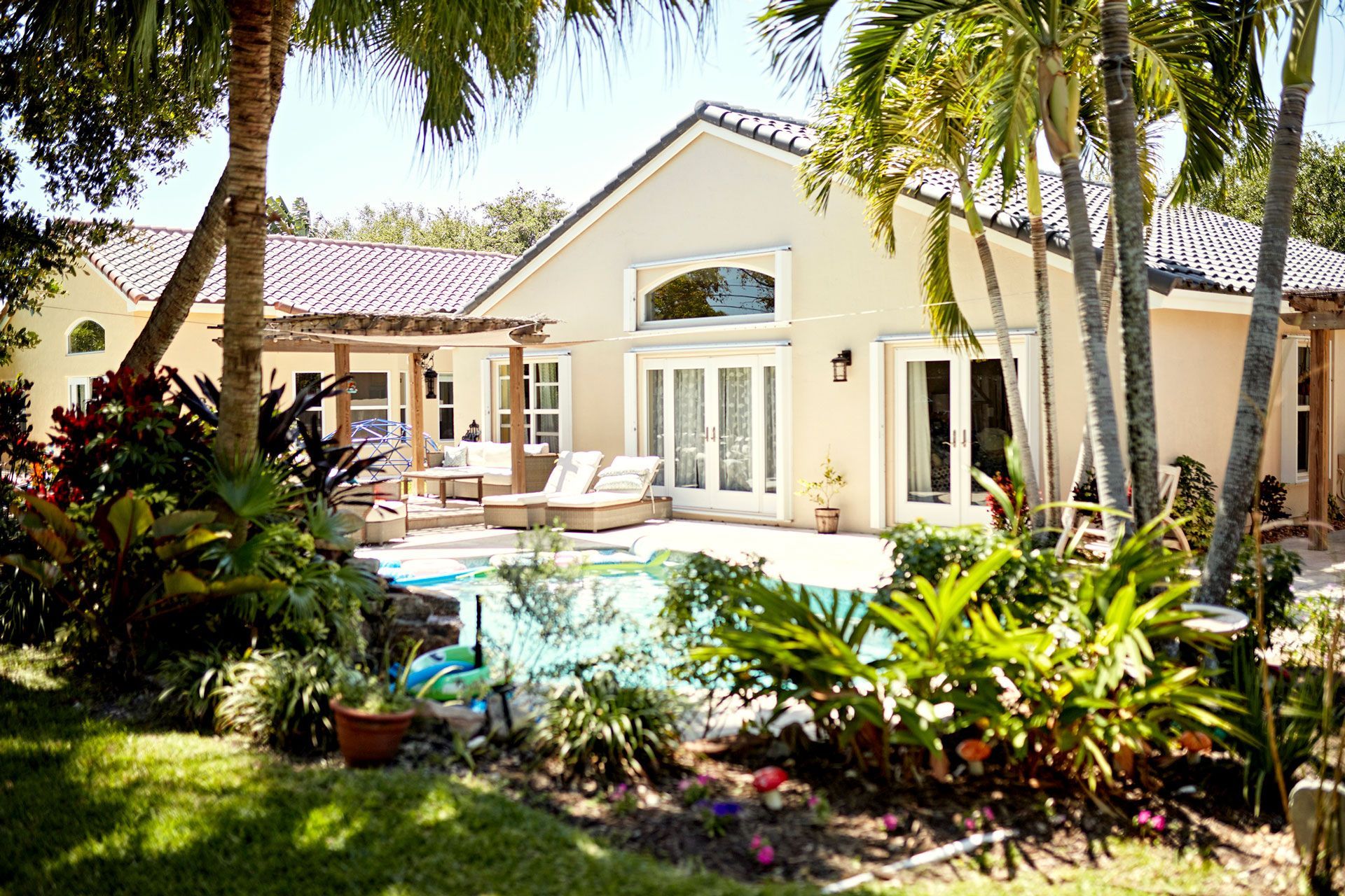 House with pool, surrounded by lush green plants and palm trees; sunny, outdoor setting.