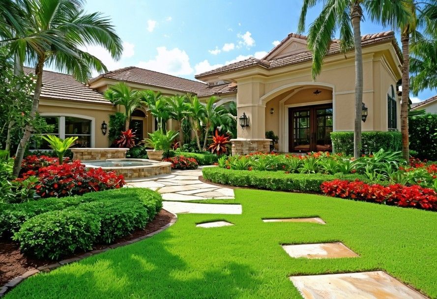 Luxurious beige house with lush green lawn, tropical landscaping, and stepping stones.