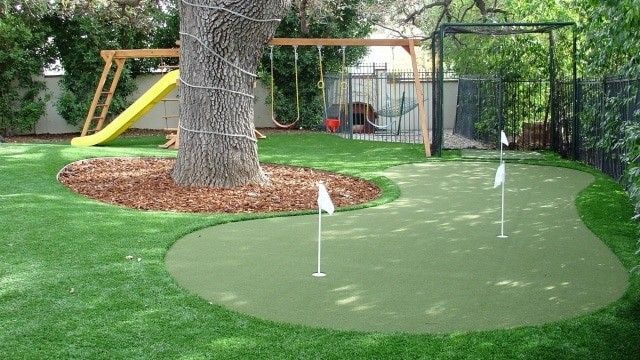 Backyard with a putting green, swings, and a slide surrounding a tree.