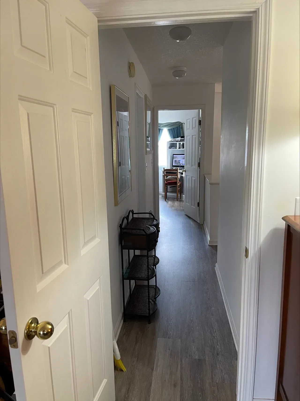 A hallway in a house with a white door