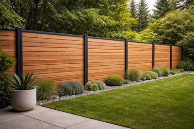 Brown wooden 6x8 premium fence panel against a green background.