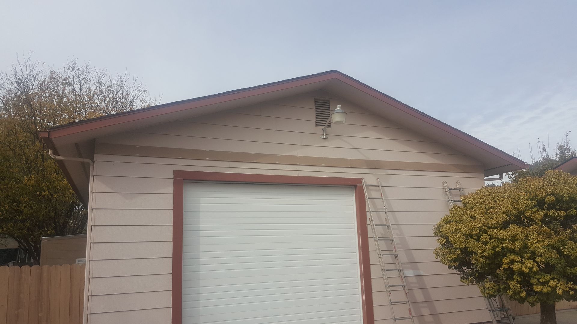 Garage with white door and siding, brown trim, and a ladder leaning against the side, under a cloudy sky.