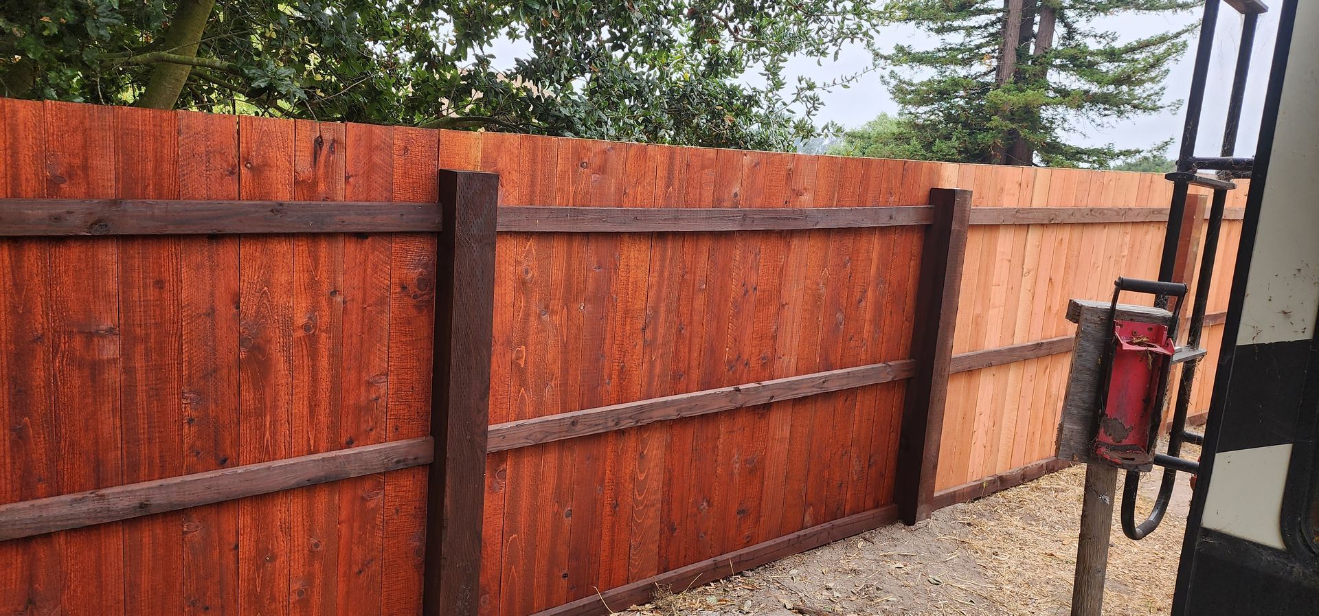 A stained wooden fence with dark brown posts and horizontal rails. Trees are visible over the fence.