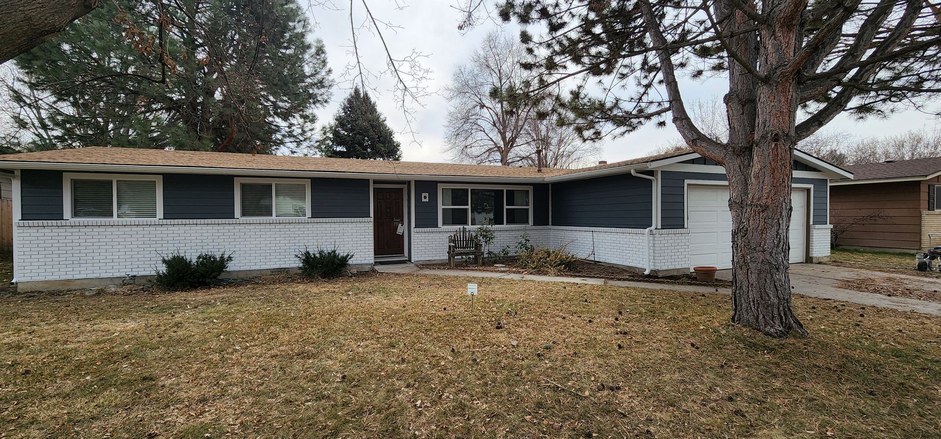 A single-story house with white brick, a dark-colored facade, and a brown door is in front of a tree and a brown lawn.