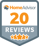 A home advisor 20 reviews badge with three stars on it.