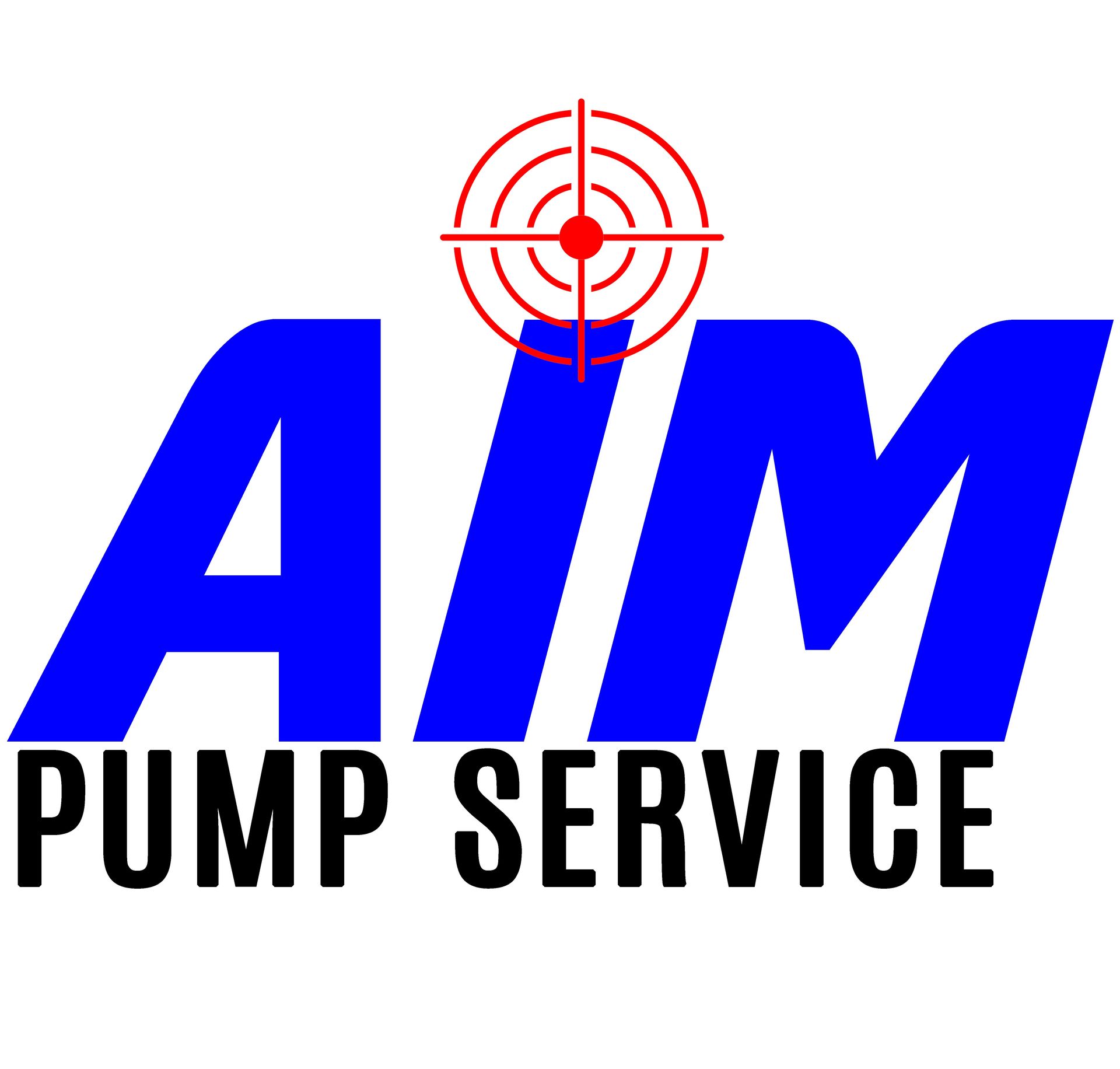 Logo for AIM Pump Service with large blue text and a red crosshair icon above the letter I.