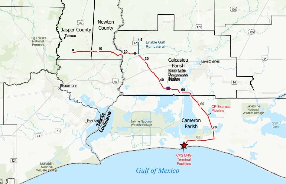 The CP2 LNG terminal proposed pipeline route