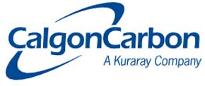 A blue and white logo for calgon carbon a kuraray company