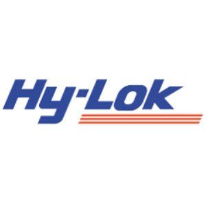 A blue and orange logo for hy-lok on a white background