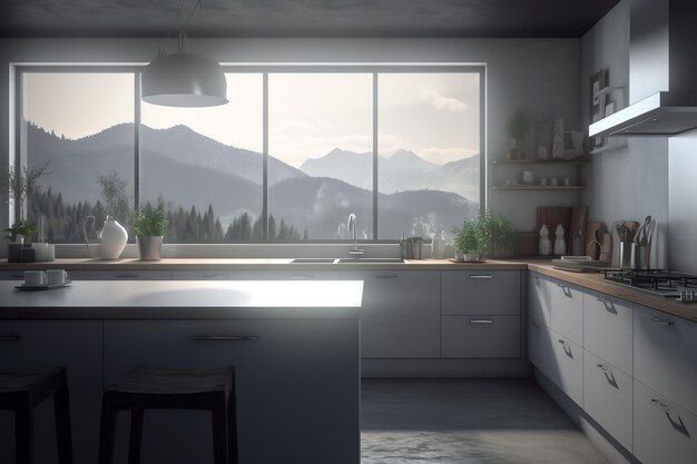 A kitchen with a large window overlooking a mountain range.