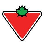 A red triangle with a green maple leaf on top of it.