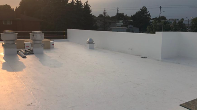 A white roof with a lot of chimneys on it.