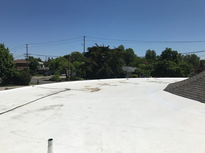 A white roof with trees in the background and a blue sky