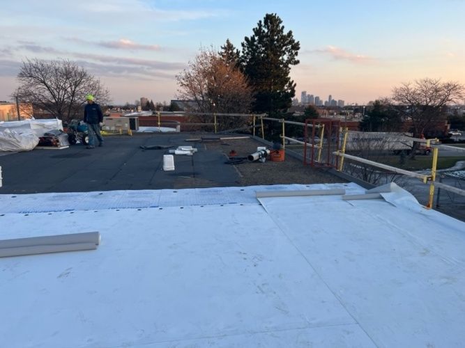 A man is working on the roof of a building.