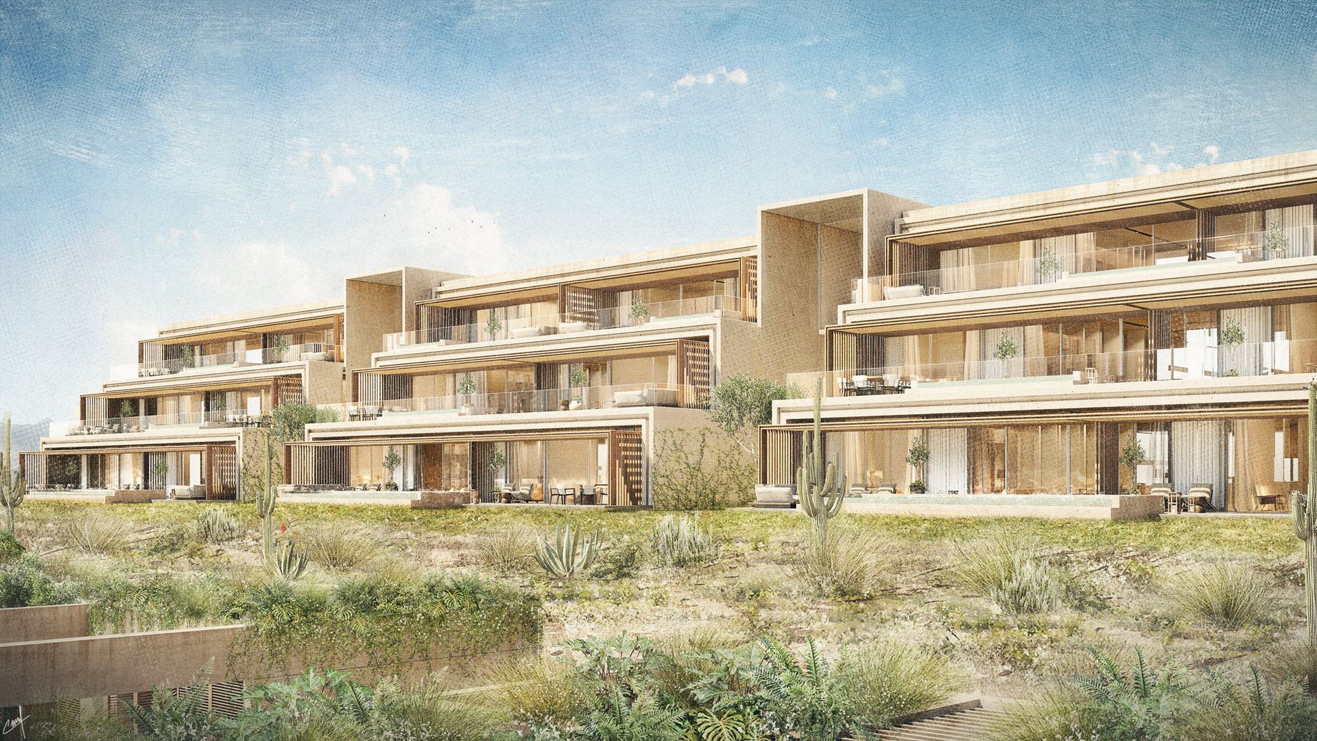 An artist 's impression of a row of apartment buildings on a hillside.
