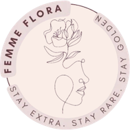Logo: floral line drawing, woman's face, text "Femme Flora, Stay extra. Stay rare. Stay golden."