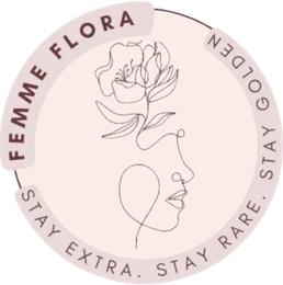Logo: floral line drawing, woman's face, text "Femme Flora, Stay extra. Stay rare. Stay golden."
