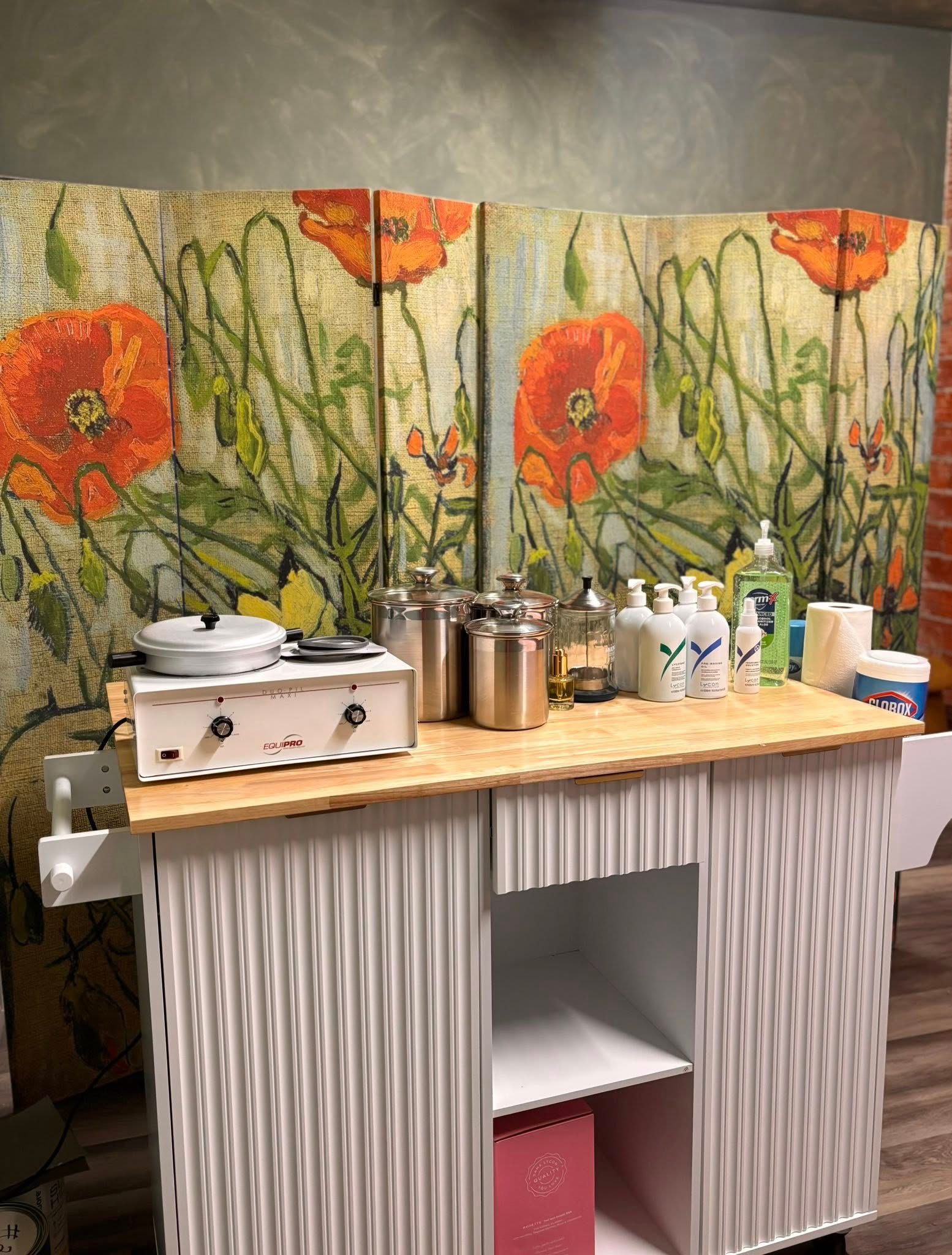 Cabinet with supplies, topped with a decorative screen featuring large orange poppy flowers.