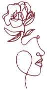 Line drawing of a face in profile with a flower blooming above it, drawn in maroon.