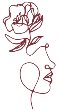 Line drawing of a woman's profile with a flower growing from her head, colored dark red.