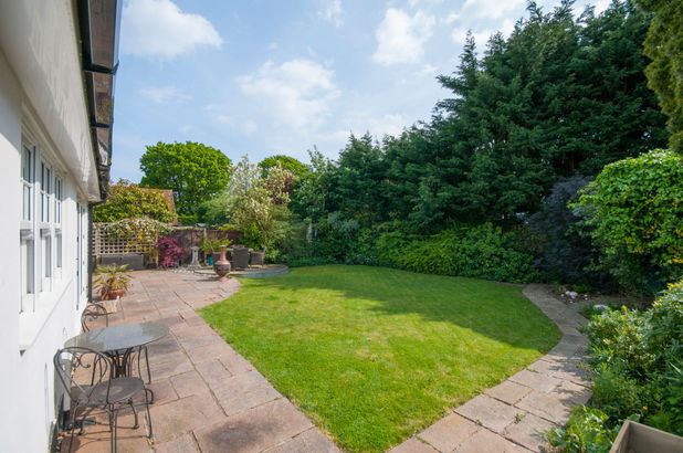 Lawn and patio in a backyard with lush green trees and a white house. Sunny day.