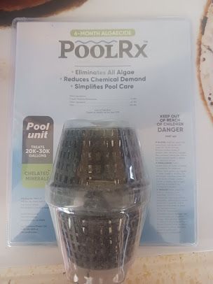 PoolRx pool algae treatment unit with packaging; eliminates algae, reduces chemicals, simplifies care.