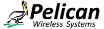 Logo for Pelican Wireless Systems, featuring a stylized black and white pelican standing on a small green patch.