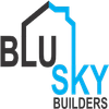 Logo for Blu Sky Builders, featuring text and a house outline. The "SKY" and house are blue.