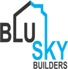Logo for Blu Sky Builders, featuring text and a house outline. The "SKY" and house are blue.