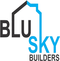 Logo for Blu Sky Builders, featuring text and a house outline. The "SKY" and house are blue.