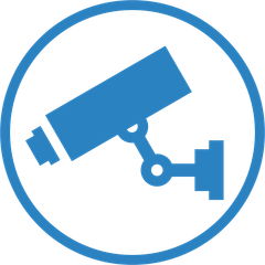 A blue security camera icon in a blue circle on a white background.